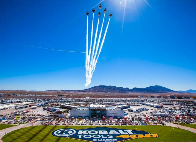 The Thunderbirds, the U.S. Air Force Air Demonstration Squadron, fly over the Las Vegas Motor Speedway prior to the start of the during the Kobalt Tools 400 NASCAR race Sunday, March 10, 2013.